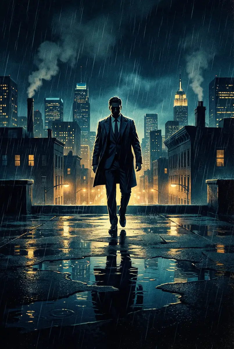 朴妮唛全集快播 出品影片《雨夜独行者》海报，雨中城市屋顶男性剪影